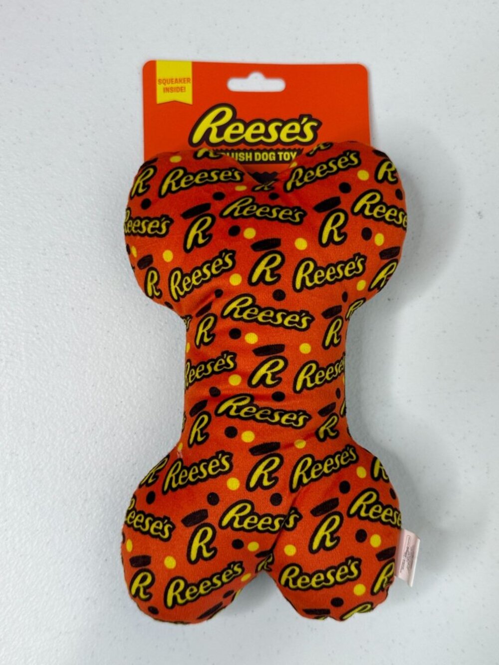 Reese's Plush Bone Dog Toy Squeaker Candy Print New